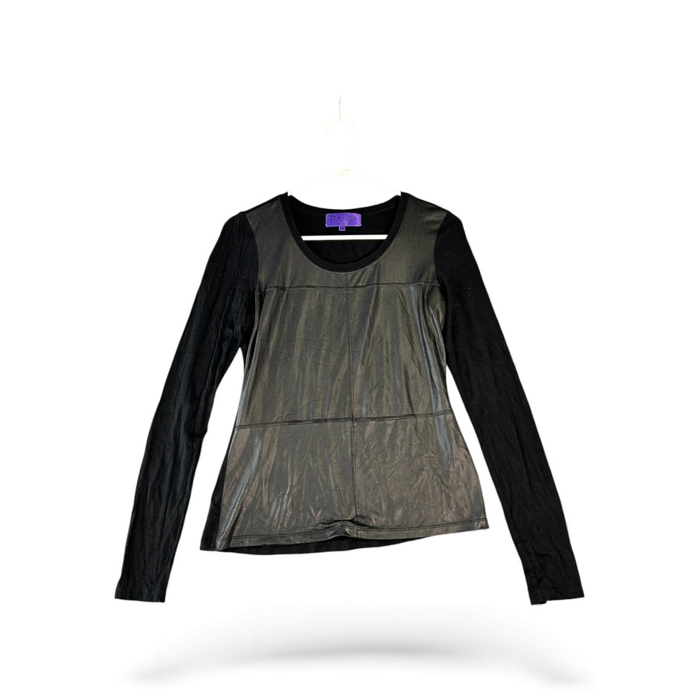 P Luca‎ Milano Black Long Sleeve Faux Leather Panel T Shirt Top Size S